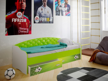 Кровать Софа-8 с мягкой спинкой фотопечать Футбол (900х2000) Белый/Лайм в Горняке - gornyak.mebel54.com | фото